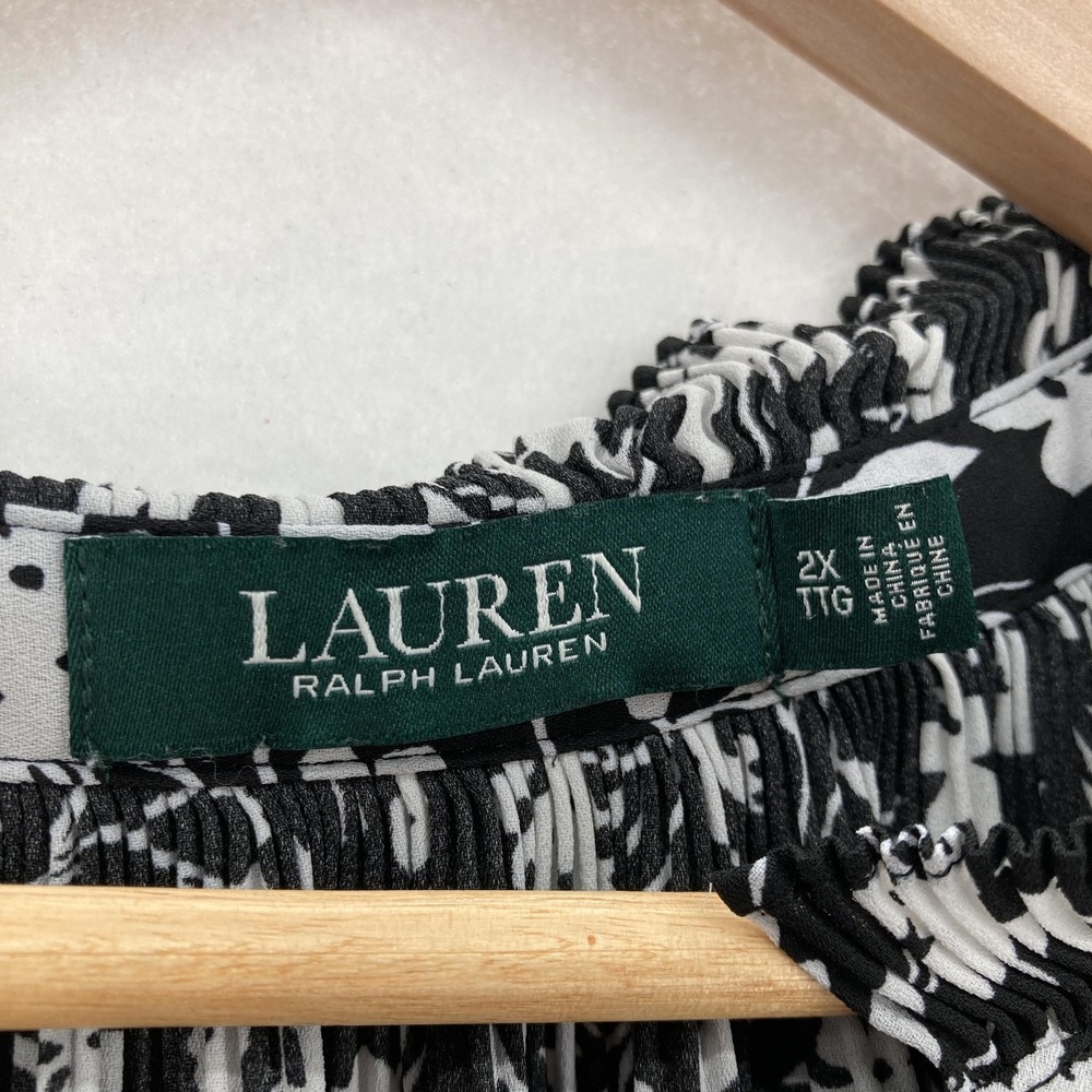 Lauren Ralph Lauren Blouse Womens 2X Black White Floral Pleated Long Sleeve - Picture 4 of 14